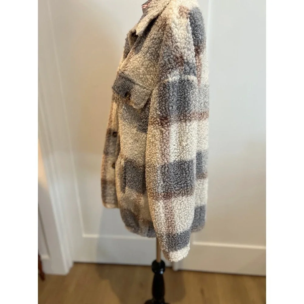 Women's Muted‎ Plaid Sherpa Fleece Shacket Jacket Button Down Cozy Warm Large